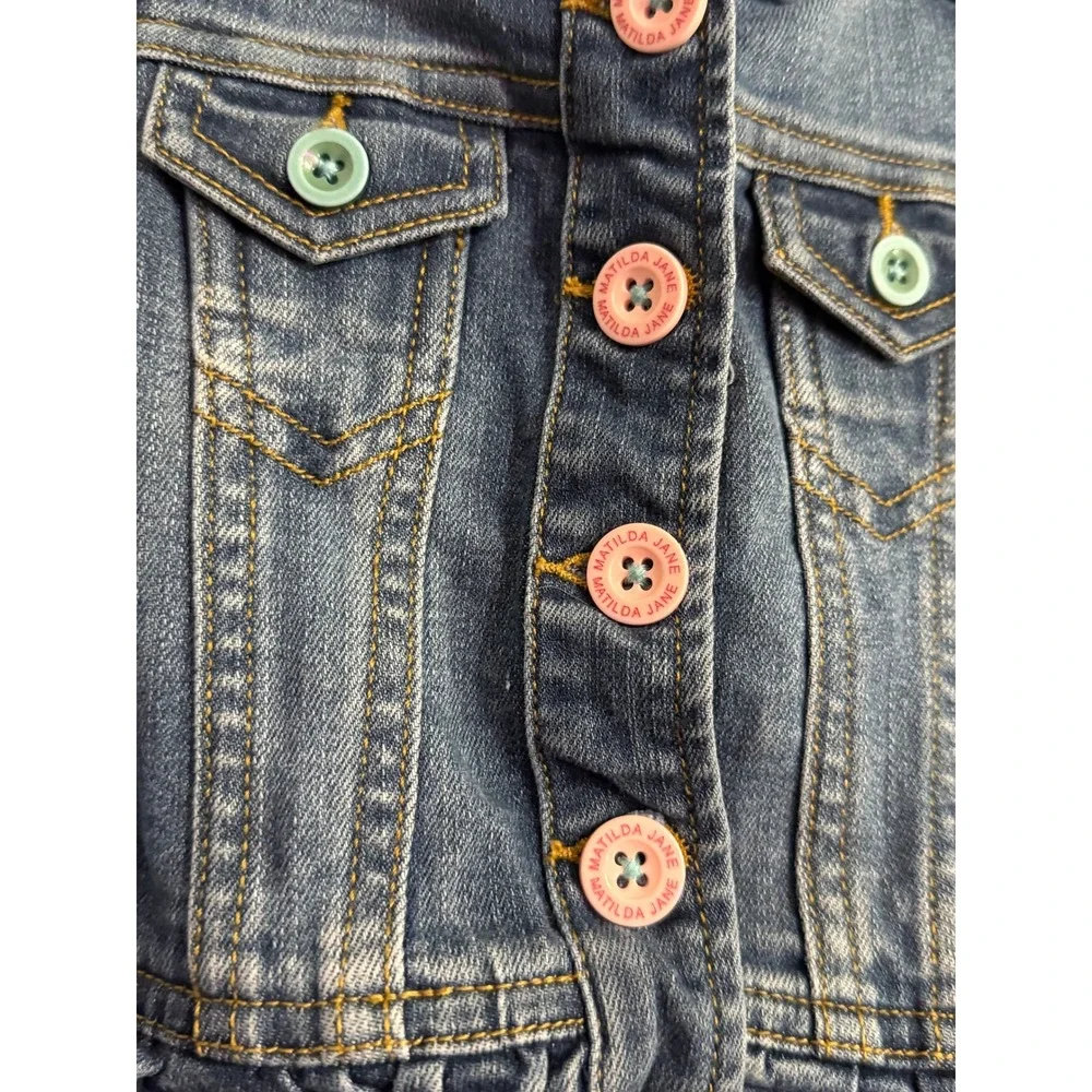 Matilda Jane Kids Girls‎ Denim Vest Ruffle Hem Pink Buttons Teal Pockets Size 2